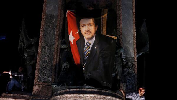 Сторонник президента Турции Тайипа Эрдогана во время проправительственной демонстрации на площади Таксим в Стамбуле, Турция. Архивное фото - Sputnik Кыргызстан