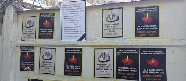 Плакаты памяти жертв пожара в Москве на стене типографии Печатный экспресс - Sputnik Кыргызстан