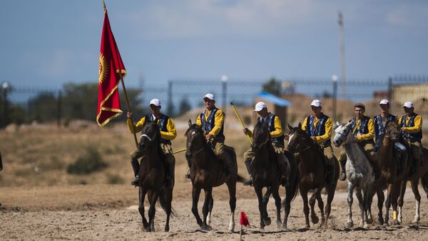 Спортсмены из Кыргызстана на турнире по джириту (метание копья верхом на лошади) на Всемирных играх кочевников - Sputnik Кыргызстан