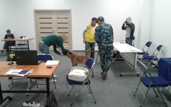 В 21.30 в пресс-центр ВИК вошел сотрудник правоохранительных органов со служебной собакой, который проверил все сумки и вещи журналистов - Sputnik Кыргызстан