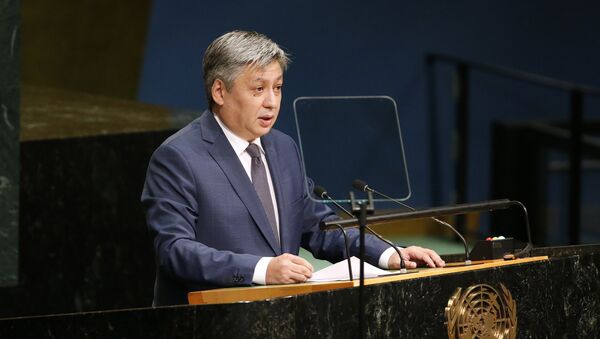 Министр иностранных дел Кыргызстана Эрлан Абдылдаев во время выступления на 71-й сессии Генеральной Ассамблеи ООН в Нью-Йорке - Sputnik Кыргызстан