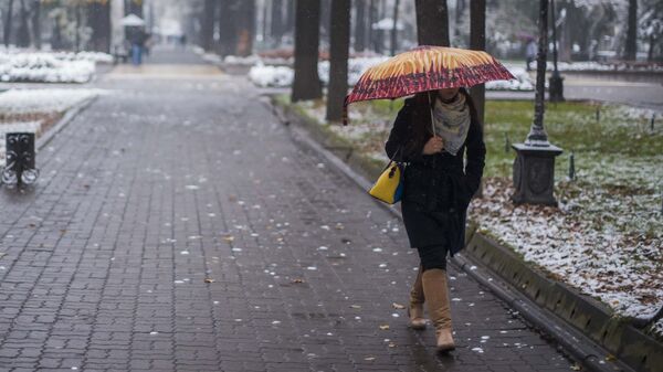 Архивное фото девушки, которая идет по алее во время снегопада - Sputnik Кыргызстан