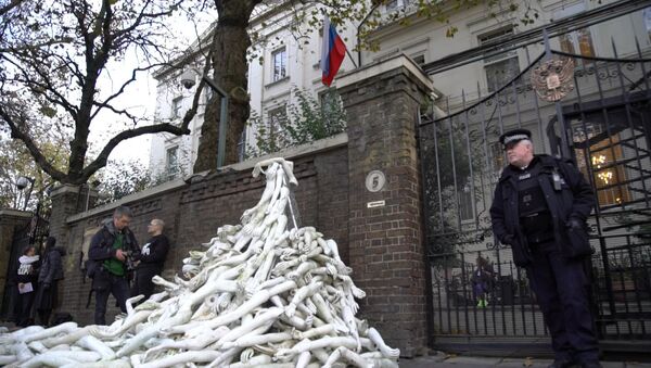 Протестующие у посольства РФ в Лондоне соорудили пирамиду из пластиковых рук - Sputnik Кыргызстан