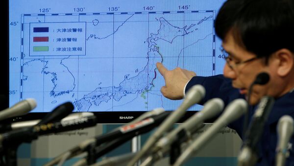Директор Японского метеорологического агентства Кодзи Накамура указывает на карту с указанием информации о землетрясениях во время пресс-конференции в Токио - Sputnik Кыргызстан