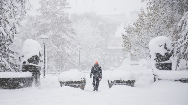 Человек идет по улице во время снегопада. Архивное фото - Sputnik Кыргызстан