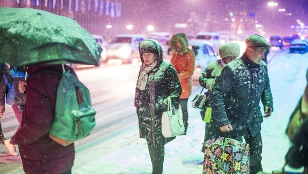 Архивное фото жителей Бишкека, которые ожидают транспорт во время снегопада - Sputnik Кыргызстан