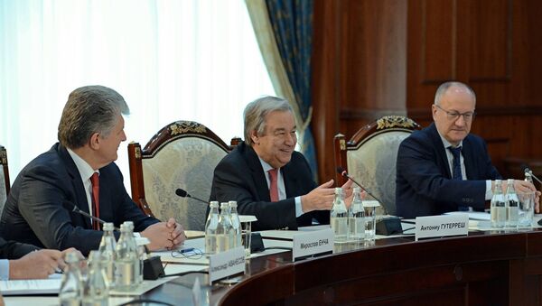 Генеральный секретарь Организации Объединенных наций Антониу Гутерриш на встрече с президентом Кыргызстана Алмазбеком Атамбаевым - Sputnik Кыргызстан