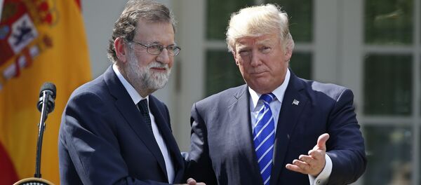 АКШнын президенти Дональд Трамп Испаниянын премьер-министри Мариано Рахой менен болгон жолугушуу учурунда АКШнын президенти Дональд Трамп Испаниянын премьер-министри Мариано Рахой менен болгон жолугушуу учурунда - Sputnik Кыргызстан