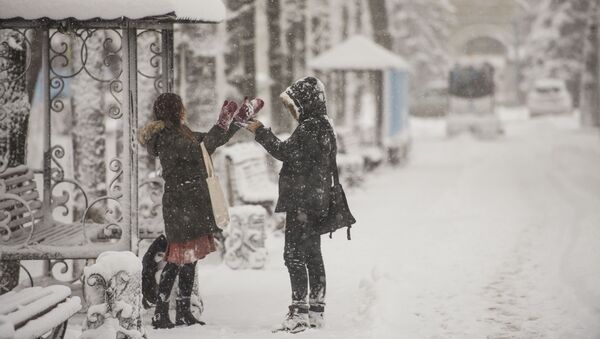 Пара на одной из улиц Бишкека во время обильного снегопада. Архивное фото - Sputnik Кыргызстан