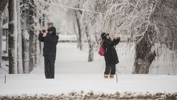 Люди фотографируют на телефон во время обильного снегопада в Бишкеке - Sputnik Кыргызстан