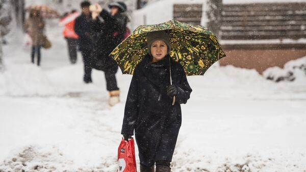 Женщина с зонтом идет по улице во время обильного снегопада в Бишкеке. Архивное фото - Sputnik Кыргызстан