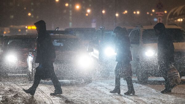 Прохожие переходят дорогу во время снегопада. Архивное фото - Sputnik Кыргызстан