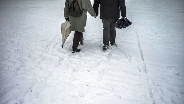Пожилая пара прогуливается по снегу. Архивное фото - Sputnik Кыргызстан