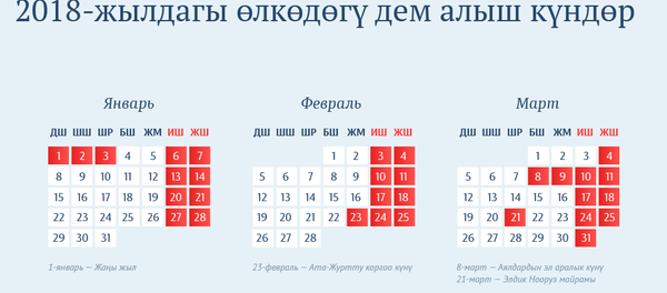 2018-жылдагы өлкөдөгү дем алыш күндөр - Sputnik Кыргызстан