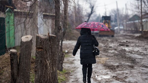 Женщина с зонтом идет по грязной улице во время дождя в Бишкеке - Sputnik Кыргызстан