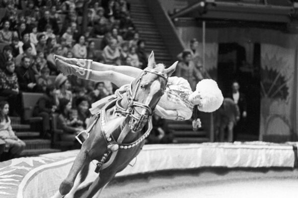 Джигитовка - скачка на лошади, во время которой ездок выполняет гимнастические и акробатические трюки. На арене артисты Киргизского цирка. - Sputnik Кыргызстан