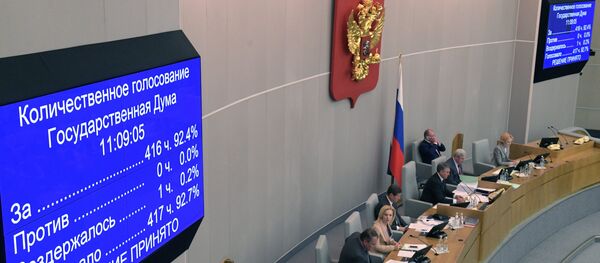 Информационное табло о количественном голосовании на пленарном заседании Государственной Думы РФ. - Sputnik Кыргызстан