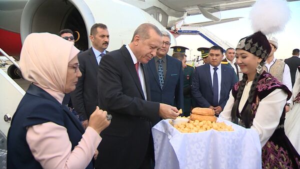Похвалил боорсоки. Как Жээнбековы встречали Эрдогана с супругой — видео - Sputnik Кыргызстан