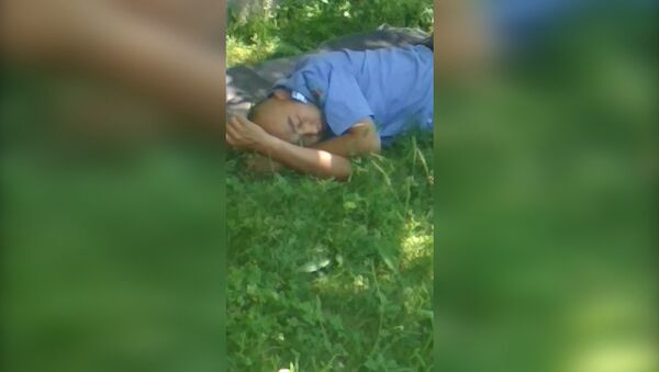 Мужчина в милицейской форме КР спит под забором и не хочет просыпаться. Видео - Sputnik Кыргызстан