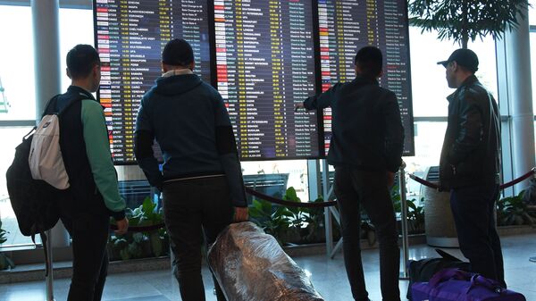 Пассажиры у информационного табло в аэропорту. Архивное фото - Sputnik Кыргызстан