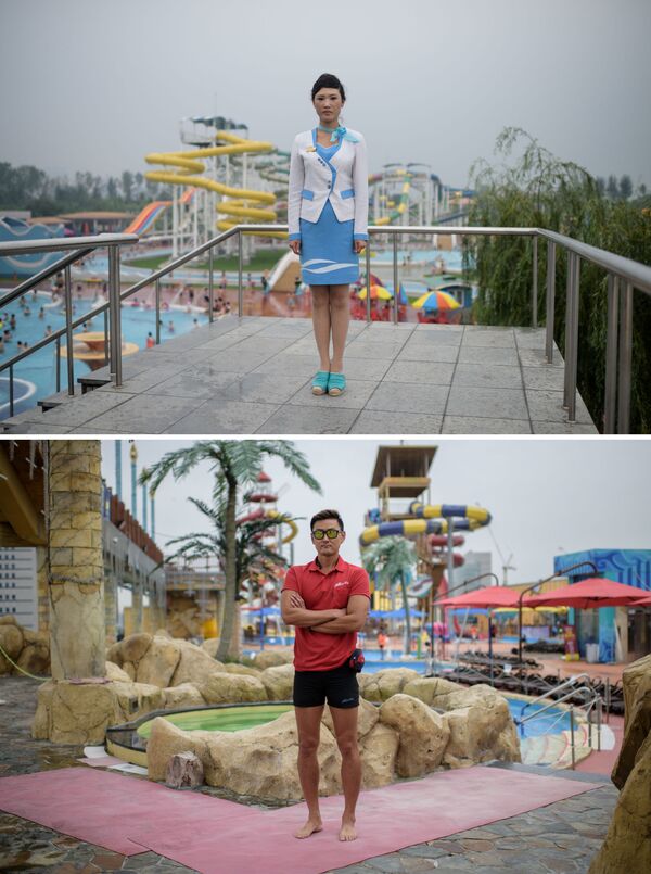 Сотрудница аквапарка в Пхеньяне и спасатель в аквапарке Илсана - Sputnik Кыргызстан