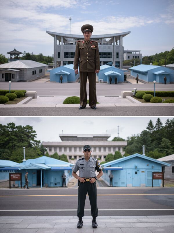 Северокорейский и южнокорейский пограничники по обе стороны границы - Sputnik Кыргызстан