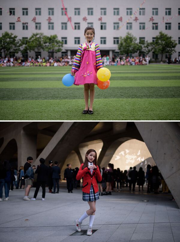 Девятилетняя танцовщица Ким Сон Джон на празднике, посвященном Всемирному дню ребенка, в Пхеньяне и 10-летняя Йон Херим на танцевальном представлении в рамках Сеульской недели моды - Sputnik Кыргызстан