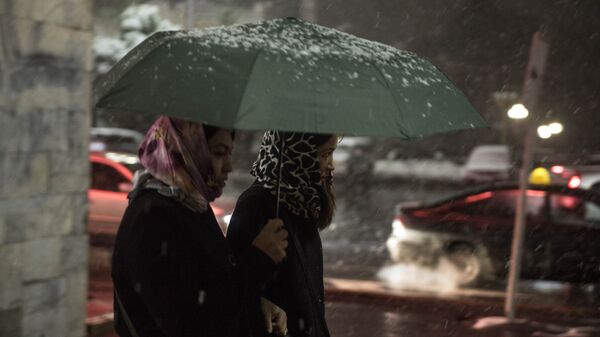 Девушки с зонтом во время снега с дождем. Архивное фото - Sputnik Кыргызстан