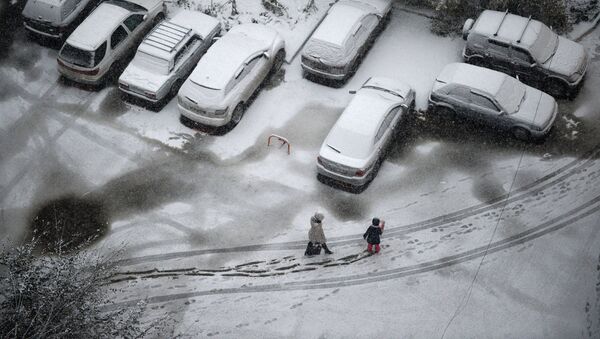 Женщина с ребенком идут по заснеженному двору во время снегопада.  Архивное фото - Sputnik Кыргызстан
