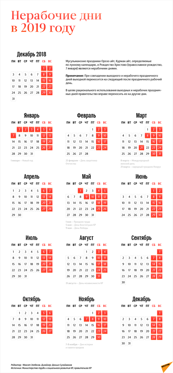 Праздничные и выходные дни в 2019 году — календарь - Sputnik Кыргызстан