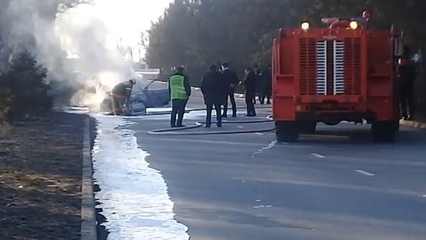 На трассе Бишкек — аэропорт Манас сгорел автомобиль. Видео с места - Sputnik Кыргызстан