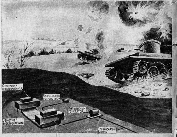Иллюстрация невидимого магнитного поля, которое выводит из строя танки и машины, в журнале Техника молодежи за 1939 год - Sputnik Кыргызстан