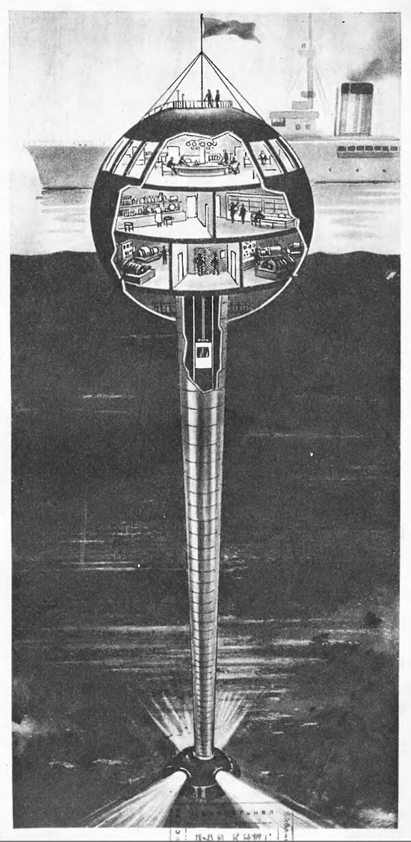 Иллюстрация батистата - огромного лифта ко дну моря, в журнале Техника молодежи за 1938 год - Sputnik Кыргызстан