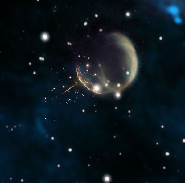 Остаток сверхновой CTB 1, напоминающий пузырь, и прямой, светящийся след от пульсара J0002+6216 - Sputnik Кыргызстан