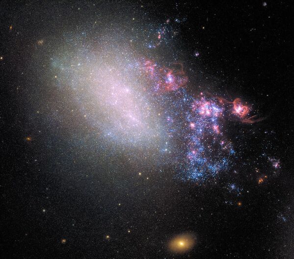 Снимок галактики NGC 4485 в созвездии Гончих Псов, которая сохранила следы столкновения с соседней галактикой миллионы лет назад - Sputnik Кыргызстан