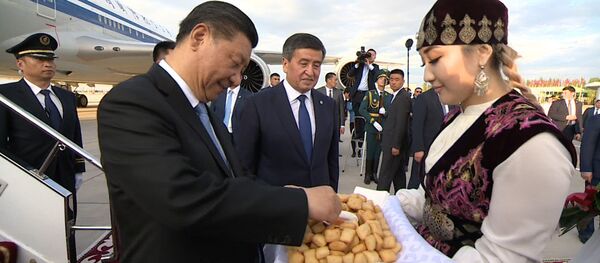Боорсок менен гүл сунуп... Жээнбеков Кытай лидери Си Цзиньпинди тосуп алды Боорсок менен гүл сунуп... Жээнбеков Кытай лидери Си Цзиньпинди тосуп алды - Sputnik Кыргызстан