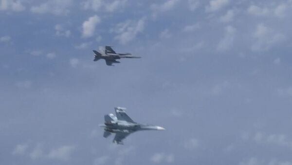 Эпичное видео — Су-27 отогнал истребитель F-18 от самолета Шойгу - Sputnik Кыргызстан