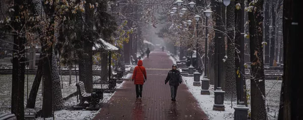 Люди идут по бульвару Эркиндик во время снегопада в Бишкеке Люди идут по бульвару Эркиндик во время снегопада в Бишкеке - Sputnik Кыргызстан