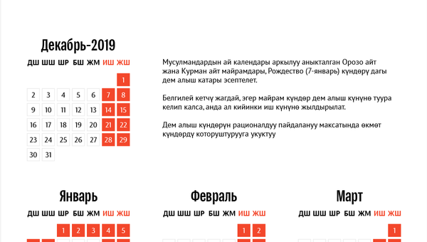 2020-жылдагы өлкөдөгү дем алыш күндөр  - Sputnik Кыргызстан