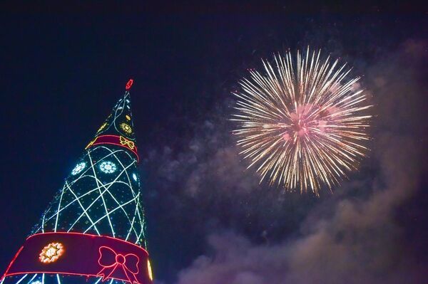 Отмечено, что завершилось новогоднее мероприятие в 00:00 часов красочным праздничным салютом. Он был на высоте от 30 до 130 метров. - Sputnik Кыргызстан