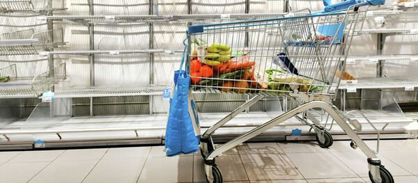 Корзина с продуктами на фоне пустых полок в супермаркете - Sputnik Кыргызстан