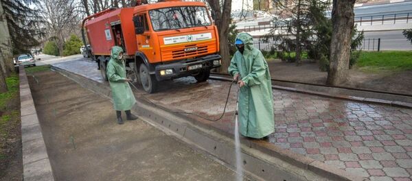 Сотрудники муниципальных служб вовремя дезинфекции Бишкекских улиц. Архивное фото Сотрудники муниципальных служб вовремя дезинфекции Бишкекских улиц. Архивное фото - Sputnik Кыргызстан