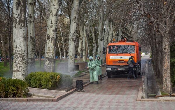 Также дезинфицируют трассы и тротуары, в том числе в скверах - Sputnik Кыргызстан