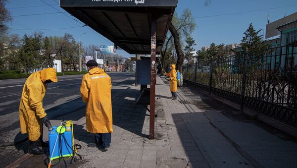 Сотрудники муниципальных служб дезинфицируют остановку общественного транспорта в Бишкеке. Архивное фото - Sputnik Кыргызстан