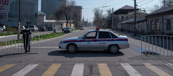 Сотрудник ГУОБДД на оцеплении карантинной зоны в Бишкеке, во время режима чрезвычайного положения из-за ситуации с коронавирусом - Sputnik Кыргызстан