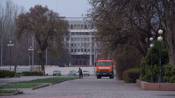Сотрудник муниципальных служб поливает клумбы в Бишкеке - Sputnik Кыргызстан