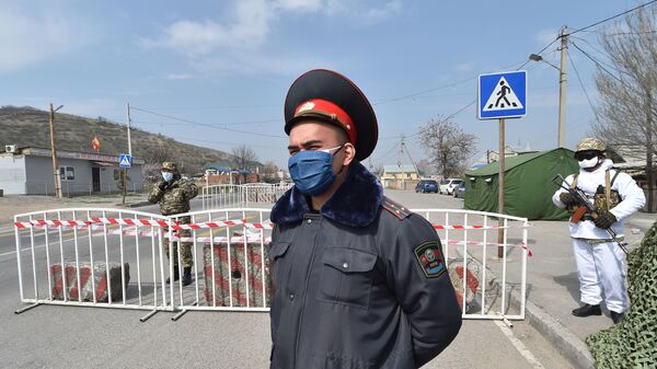Милициянын кызматкери жумуш учурунда блокпостто турат. Архив - Sputnik Кыргызстан