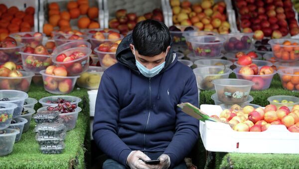 Продавец овощей и фруктов в медицинской маске и перчатках. Архивное фото - Sputnik Кыргызстан