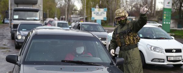 Сотрудник МВД проверяет документы на контрольно-санитарном пункте в городе Бишкек - Sputnik Кыргызстан