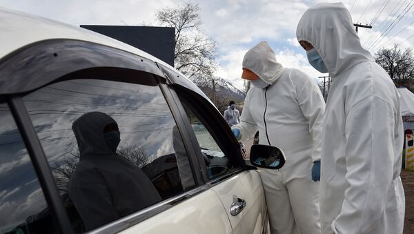 Медицинские работники в защитных снаряжениях проверяют температуру водителя на контрольно-пропускном пункте - Sputnik Кыргызстан